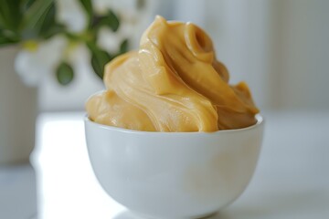 Creamy dulce de leche sauce swirled in white ceramic bowl against bright background, close-up view showing smooth, glossy texture and caramel color.