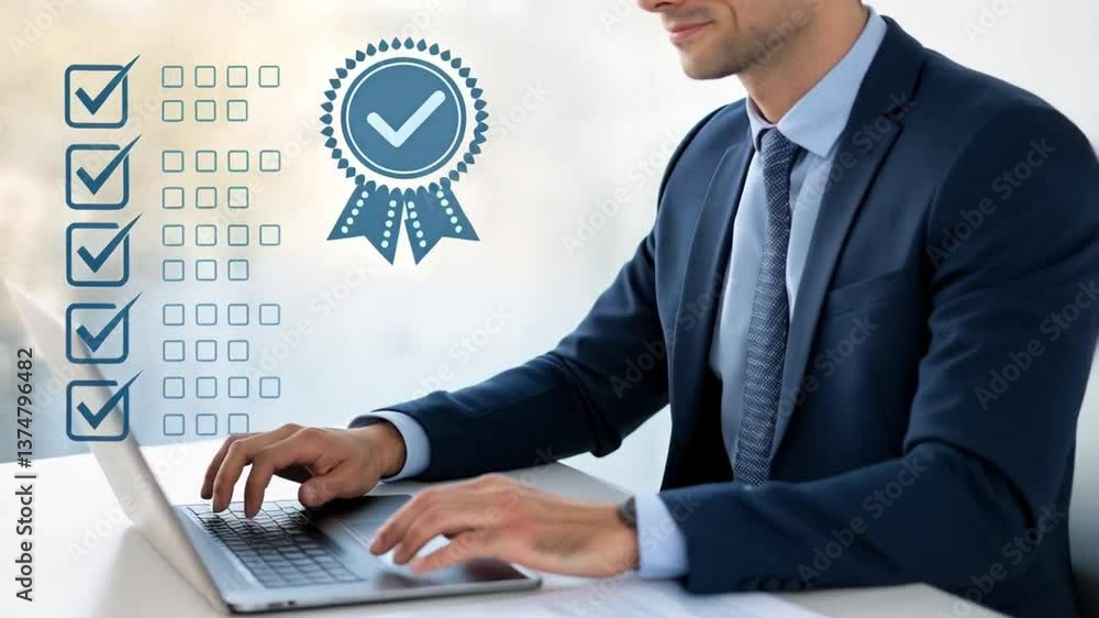 Aufkleber man in suit working on laptop with checklist and quality seal graphic overlay at a white desk surfac