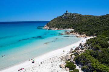 Porto Giunco beach and tower, Villasimius, Sardinia, Italy, Europe