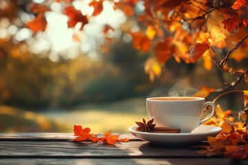 A steaming mug of hot apple cider, garnished with a cinnamon stick, sits on a wooden table amidst a backdrop of autumn leaves and apples