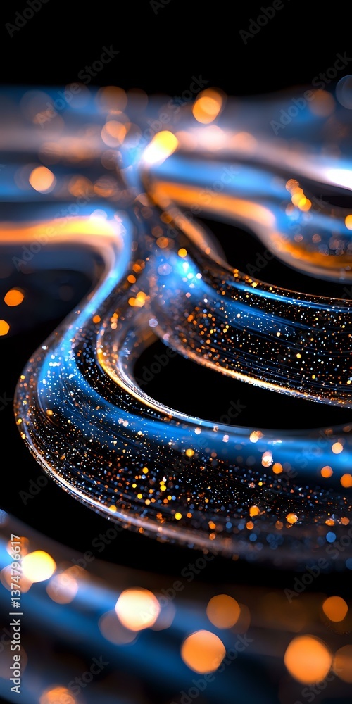 Poster abstract swirling lines with glowing blue and orange bokeh lights on black background create magical