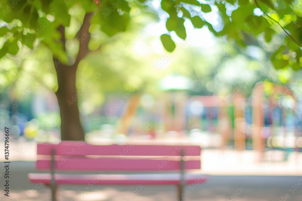 Poster blurred background of a children's playground with blurry people and trees, creating an abstract urb