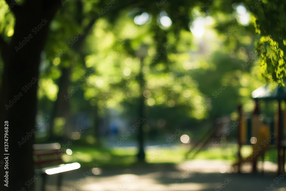 Aufkleber blurred children's playground with a blurred background of trees and a street, with the focus on the