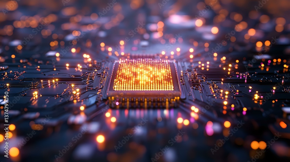Poster glowing microprocessor on circuit board with orange and blue bokeh lights creating futuristic techno