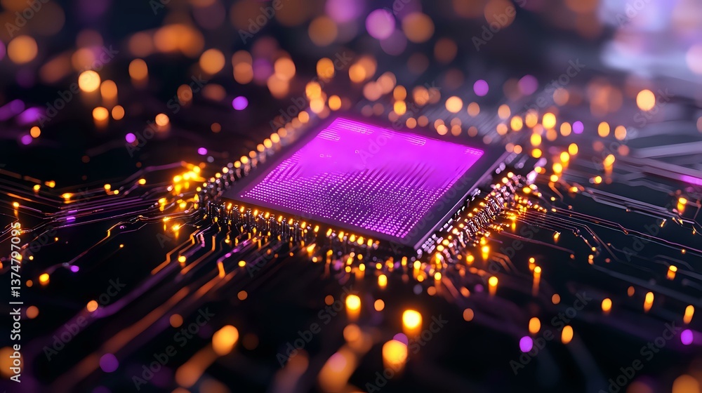 Poster glowing microprocessor on circuit board with purple and orange bokeh lights creating futuristic tech