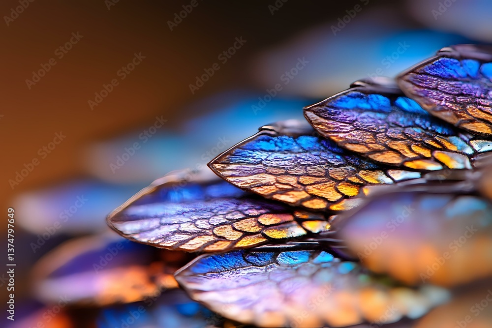Aufkleber macro photography of iridescent snake scales showing vibrant blue and copper colors with detailed te