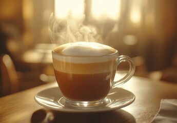 Obraz premium A cozy cafe setting complements the creamy cappuccino topped with frothy milk and cinnamon