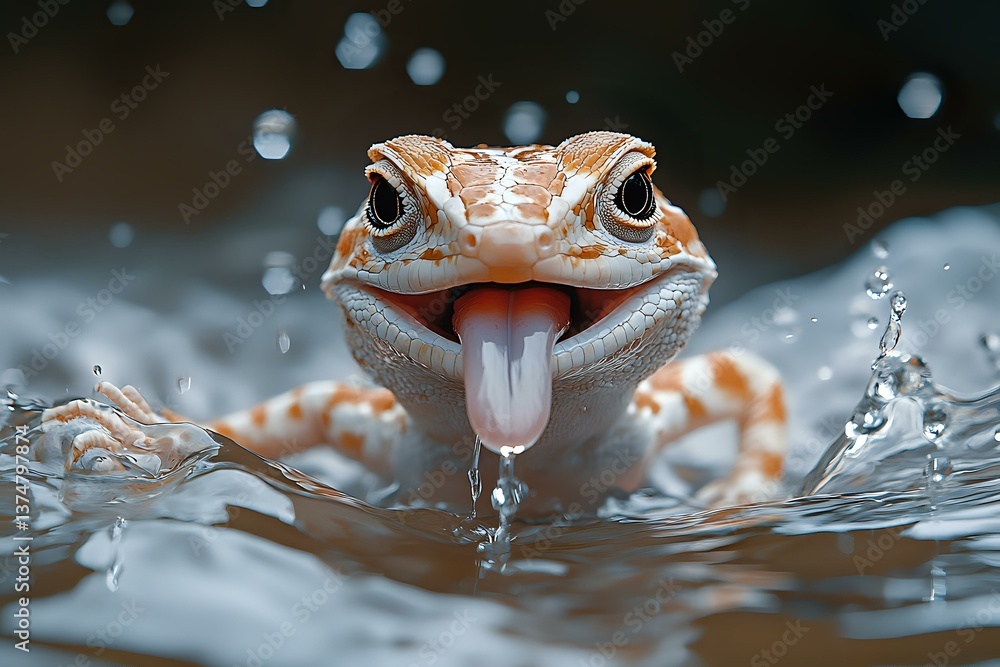 Aufkleber macro shot of leopard gecko with tongue out in water droplets and splashes, showing detailed facial 
