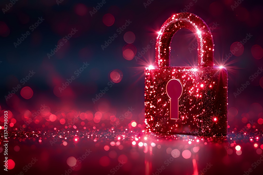 Poster glowing red padlock with sparkles against dark background, symbolizing digital security and data pro