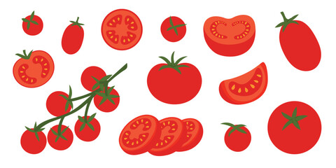 Tomato set with whole tomato, cherry tomatoes on branch, slices and cut pieces. Fresh organic vegetables for cooking, salad, healthy eating. Flat vector illustration on white.