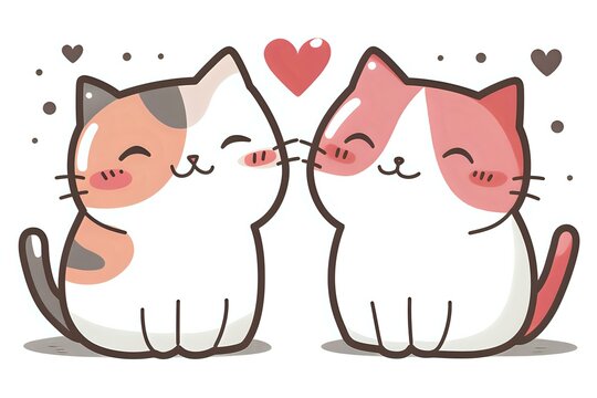 Adorable kawaii cats in love with floating hearts, cartoon style drawing on white background. Sweet couple of kittens showing affection and romance.