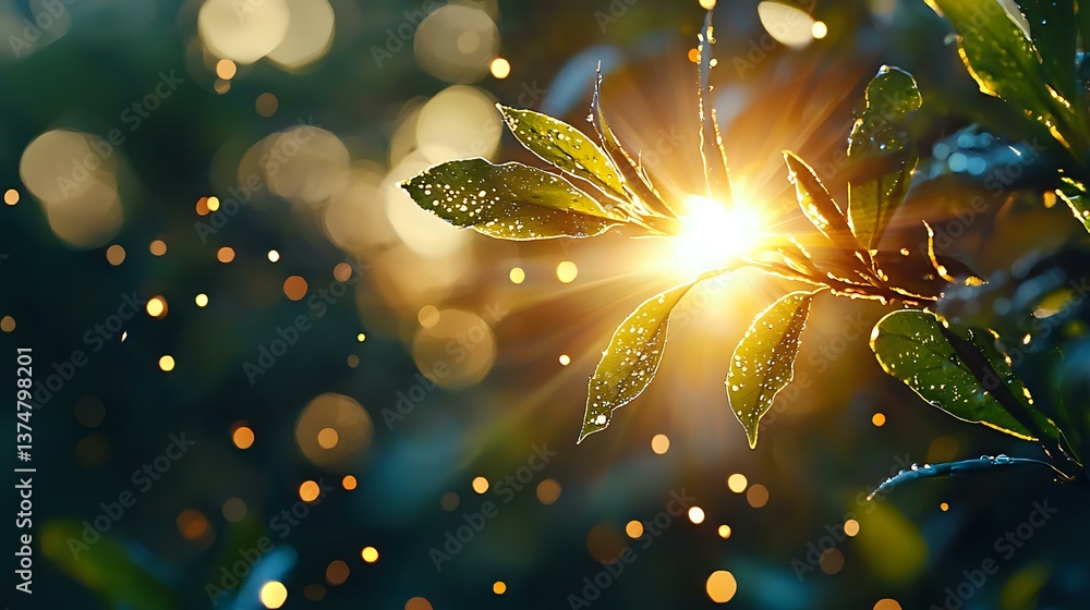 Poster sunlight breaking through green leaves with morning dew drops creating magical bokeh effect in natur