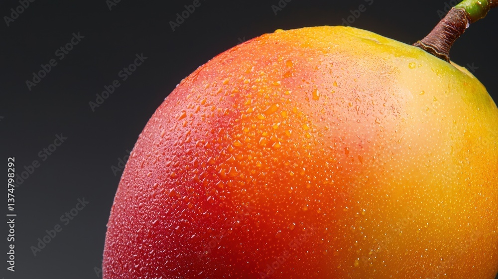 Poster close-up of a mango with water droplets on it. the mango is in focus, while the background is blurre