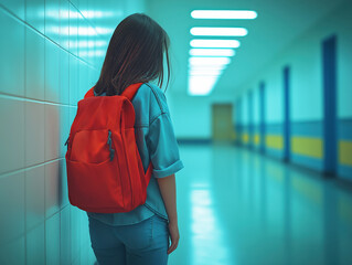 Rear view of young girl student standing alone in school hallway, anti-bullying awareness