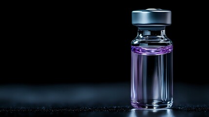 Medical glass vial with purple liquid on dark background, dramatic lighting creates mysterious pharmaceutical atmosphere for healthcare concepts.