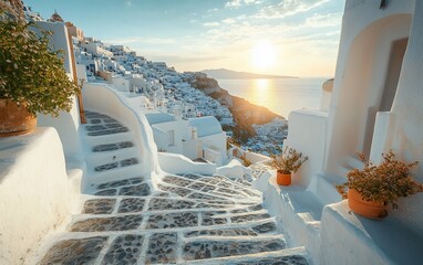 Obraz premium Santorini Sunrise Whitewashed Charm With Ocean Views suitable for real estate listing