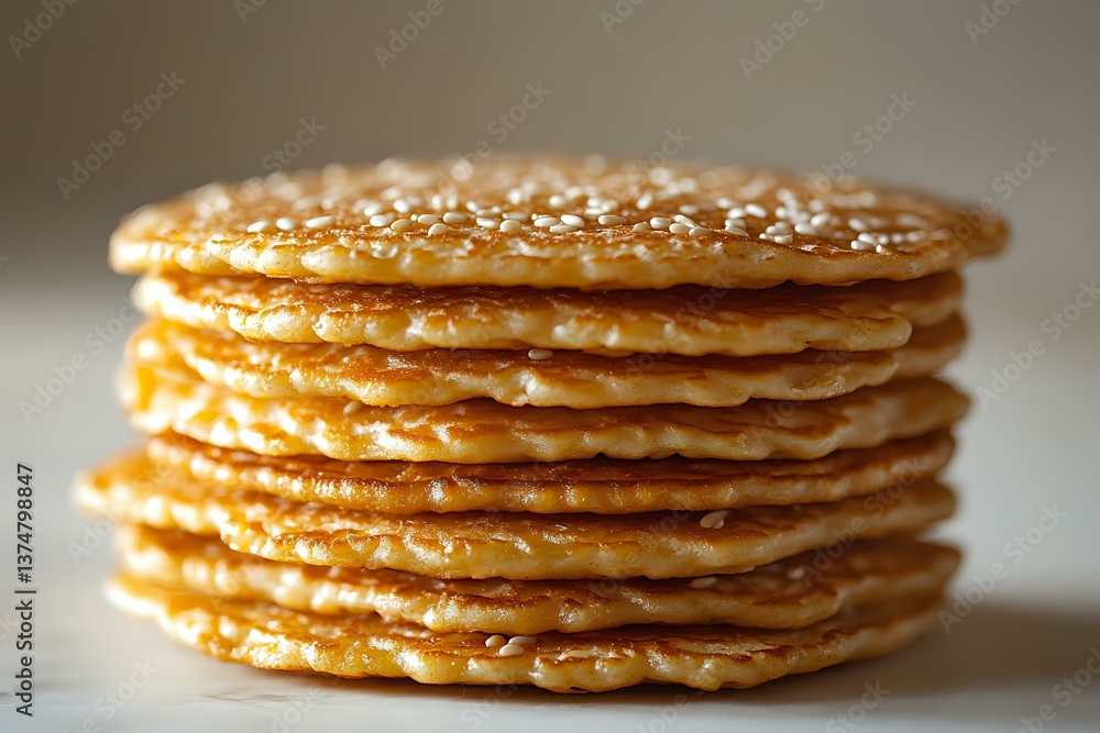 Poster stack of golden homemade pancakes with honey or maple syrup dripping down sides, close-up macro shot