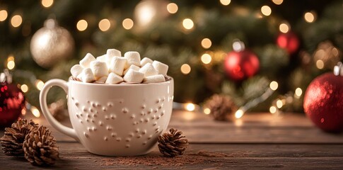 Fototapeta premium A steaming mug of hot chocolate, topped with marshmallows and cinnamon, sits on a rustic wooden table surrounded by cocoa and sweet treats