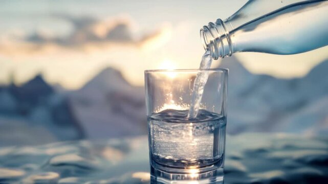 Crystal-clear water flows from a bottle into a glass, set against a breathtaking snowy backdrop. The scene highlights purity, freshness, and the beauty of nature