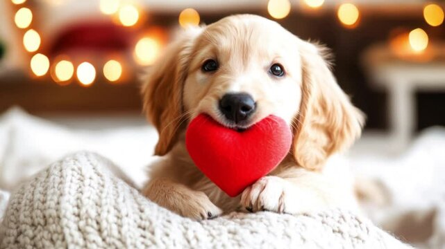 A cute golden retriever puppy gently holds a heart-shaped plush toy in its mouth, looking sweet and affectionate. The heartwarming scene captures innocence, love, and playfulness