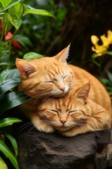 Two Cats Resting in Garden