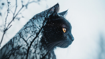 Black cat profile, snowy winter scene overlay, creating artistic double exposure effect symbolizing mystery, nature, tranquility, and cold season