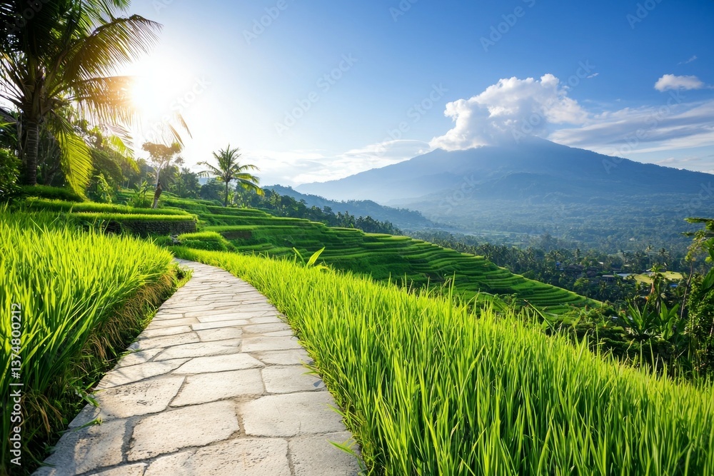 Poster a path winds through a lush green field with a mountain in the background
