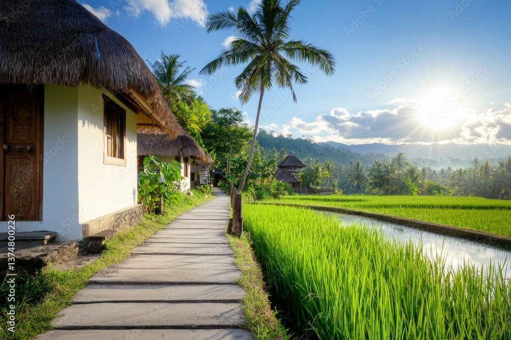 Poster a path leads to a row of houses with palm trees in the background