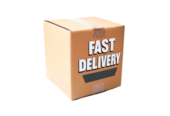 A cardboard box marked with lettering fast delivery isolated on transparent background