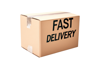 A cardboard box marked with lettering fast delivery isolated on transparent background