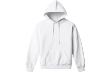 White hoodie with a hood is displayed on a white background, isolated