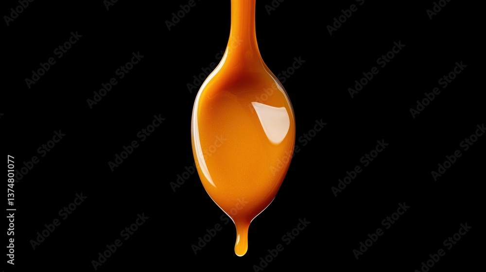 Poster close-up of a droplet of orange liquid. the droplet is in the shape of a teardrop and appears to be 