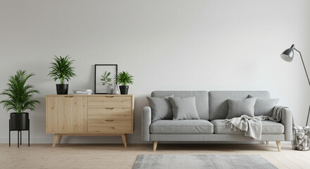 Serene minimalist living room featuring a light grey sofa, complemented by a light wood sideboard and lush green plants, bathed in soft natural light.