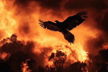 Obraz premium Eagle soaring amidst wildfire in dramatic flames 