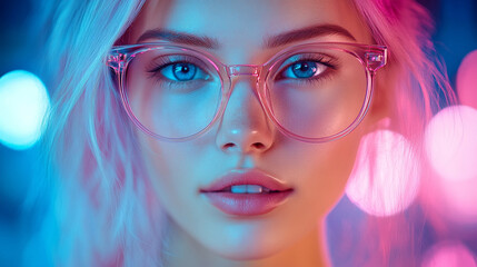 Obraz premium A young, pink-haired girl with glasses exudes confidence and charm, embodying modern beauty and elegance in a serene outdoor setting