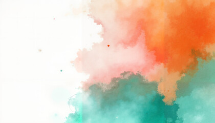 Abstract Watercolor Spots in Blending Warm (Orange/Red) and Cool (Green/Turquoise) Tones with White Transition, Resembling Multicolored Clouds