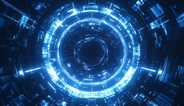 "Blue digital vault with bright light circles, technical graphics, and metallic textures"