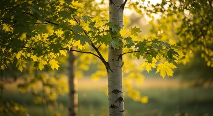 Close-up of vibrant green leaves on a birch tree conveying tranquility and connection to nature in a softly lit serene forest setting