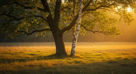 Two trees bathed in golden sunlight creating a tranquil ambiance in a serene meadow