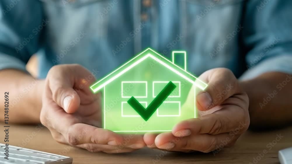Poster Person holding a digital house with a green checkmark above a desk with keyboard and mouse on it