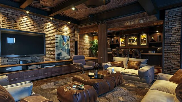 Cozy basement living area with comfortable seating and entertainment options
