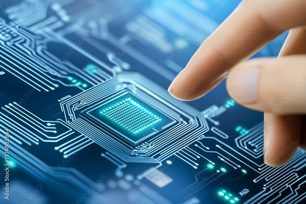 Aufkleber hand is pointing at a computer chip