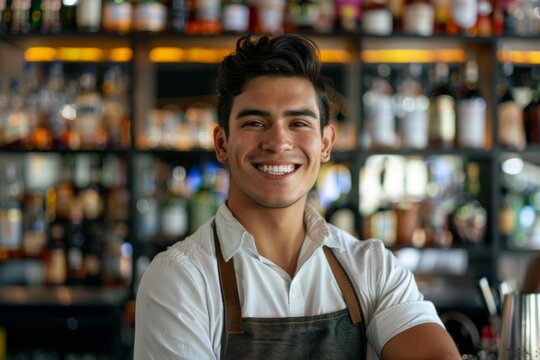 Smiling portrait of a young Hispanic male bartender in a modern bar
