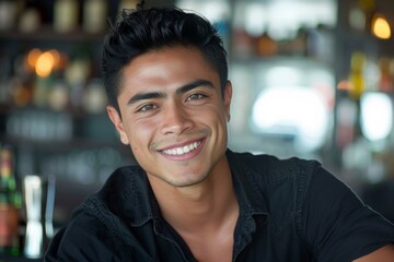 Fototapeta premium Smiling portrait of a young Hispanic male bartender in a modern bar