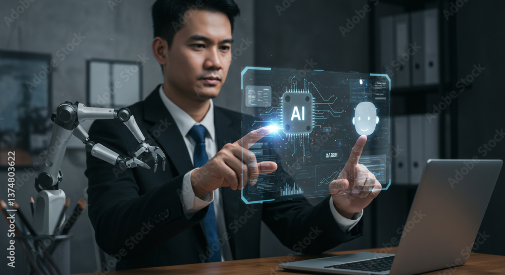 Poster a focused businessman interacts with futuristic ai technology, seamlessly integrating robotic assist