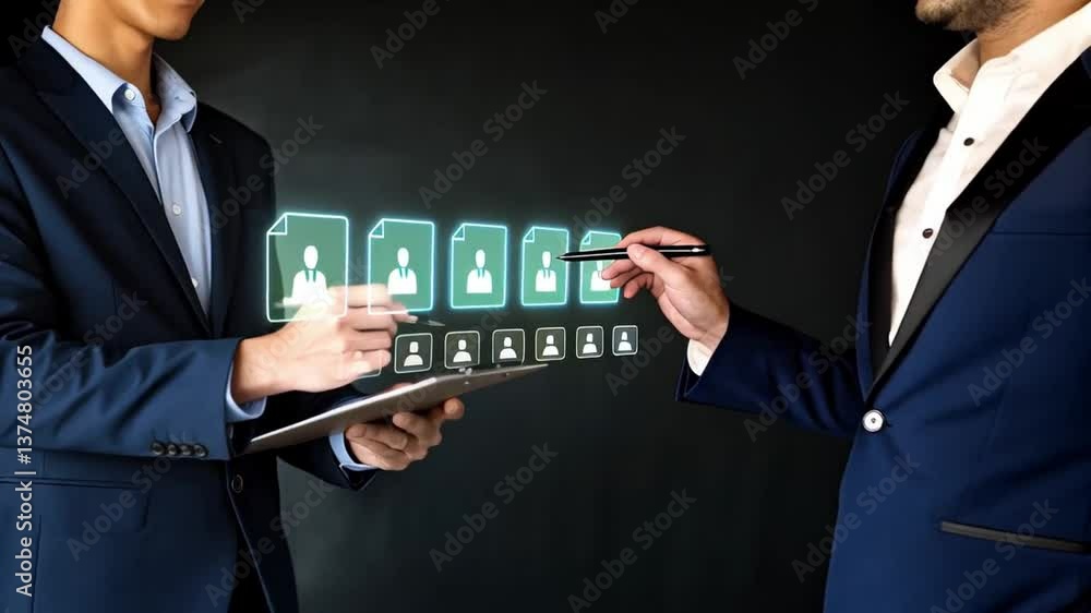 Poster a man in a suit holding a clipboard and pen with digital profiles displayed in the background