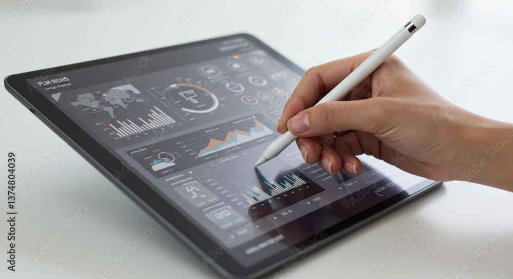Aufkleber analyzing key business data on a sleek tablet, a hand skillfully navigating charts and graphs with a