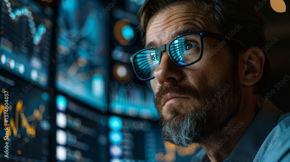 Poster data analyst reviewing complex business metrics and trends on multiple digital dashboards in a moder