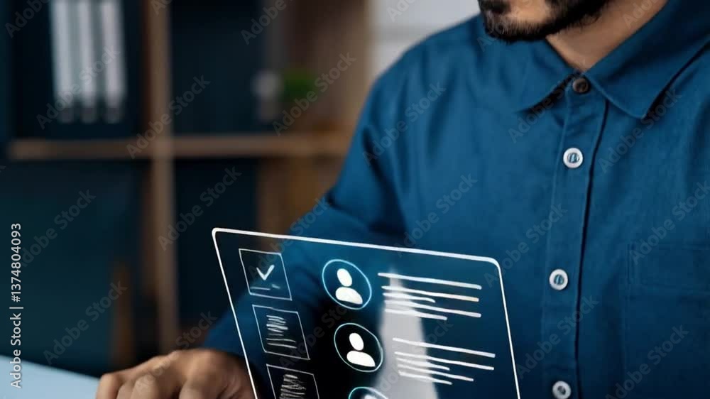 Poster Person using laptop with digital interface showing profiles and checkmarks on a white surface
