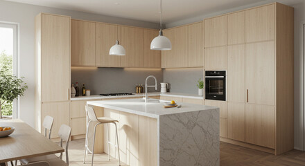 A bright, airy kitchen showcasing minimalist light wood cabinetry and a stunning marble island countertop bathed in warm, natural sunlight.